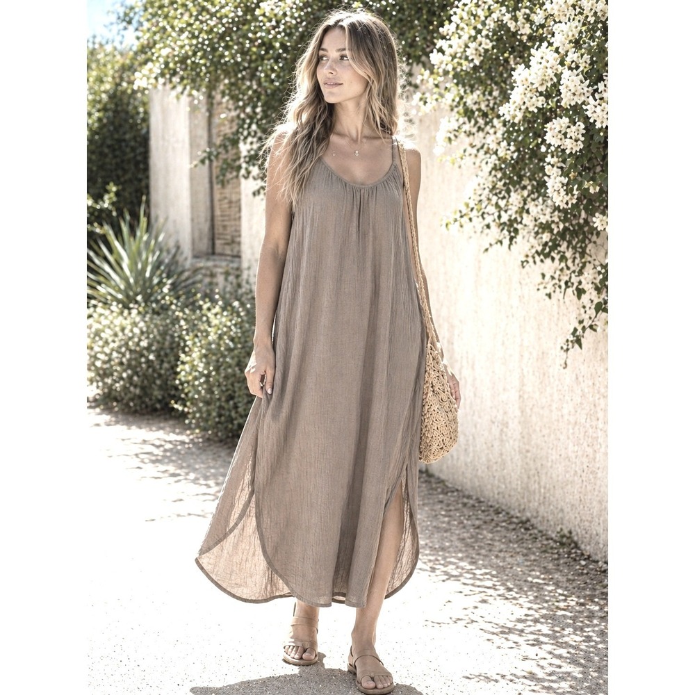 Old Navy Olive Green Gauze Maxi Dress Boho Tie Back Side Slits Pockets Medium